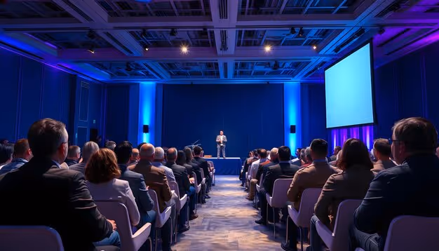 A speaker on a blue-lit conference stage