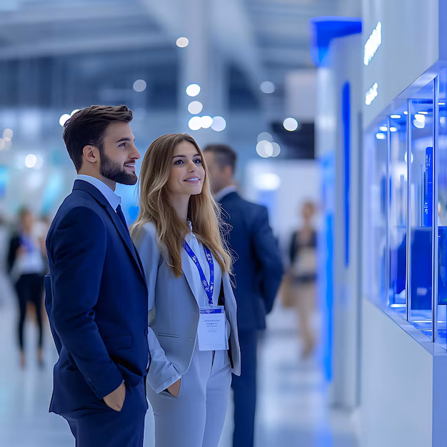 Two attendees looking at an exhibition display